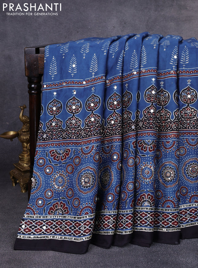 Modal silk saree indigo blue and black with allover ajrakh prints & sequin work and mirror sequin work pallu
