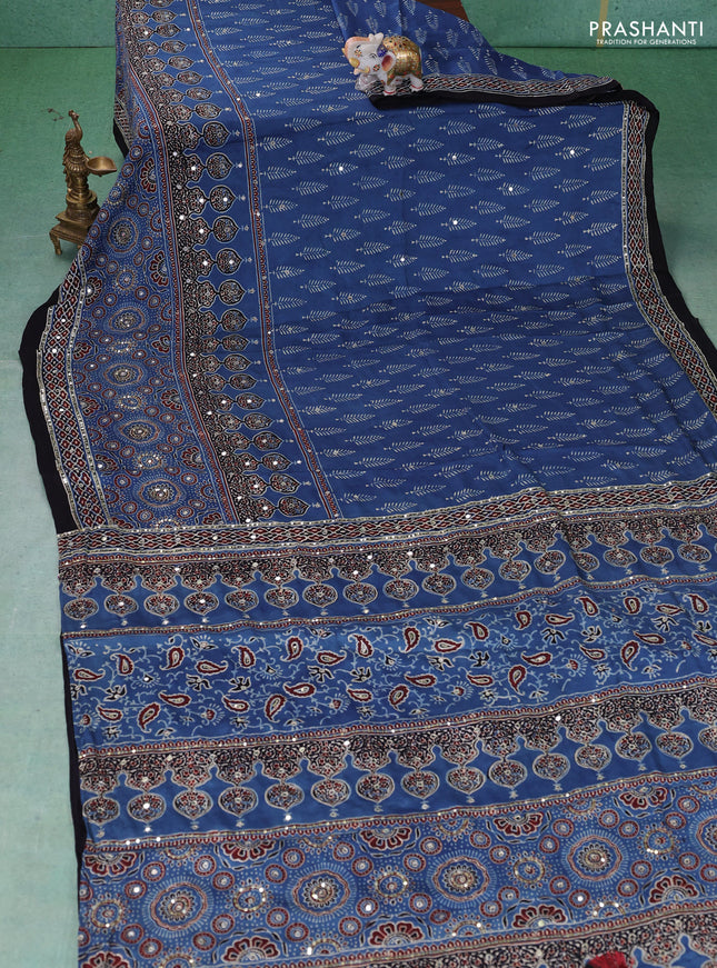 Modal silk saree indigo blue and black with allover ajrakh prints & sequin work and mirror sequin work pallu