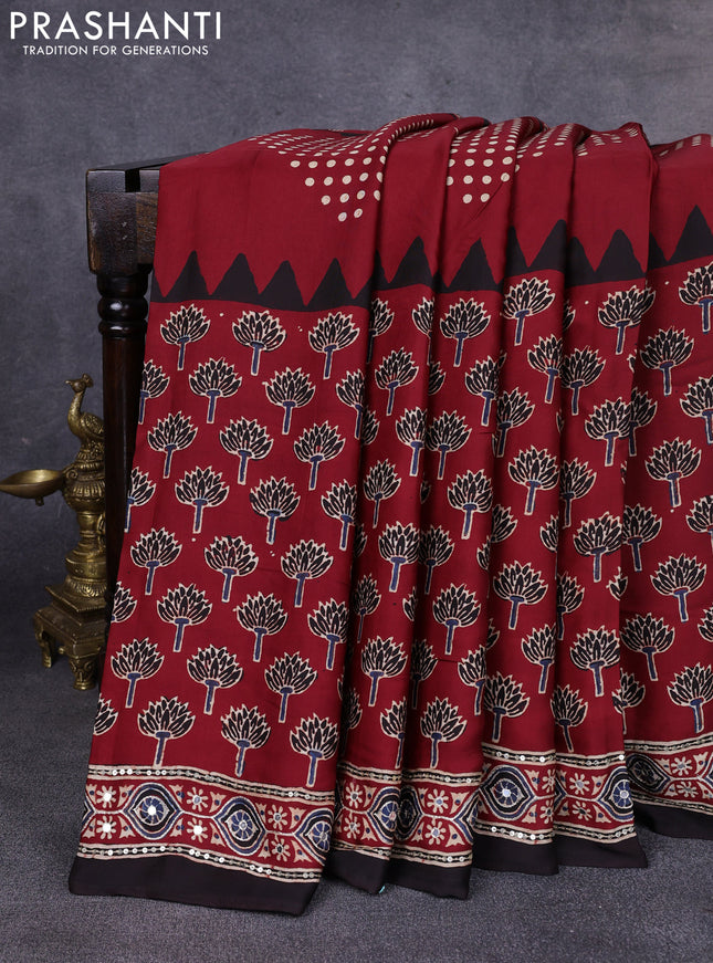 Modal silk saree maroon and black with allover ajrakh prints & sequin work and mirror sequin work pallu