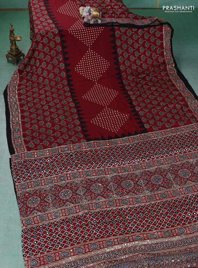 Modal silk saree maroon and black with allover ajrakh prints & sequin work and mirror sequin work pallu