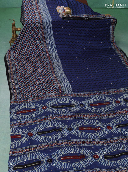 Modal silk saree indigo blue and black with allover ajrakh prints & sequin work and mirror sequin work pallu