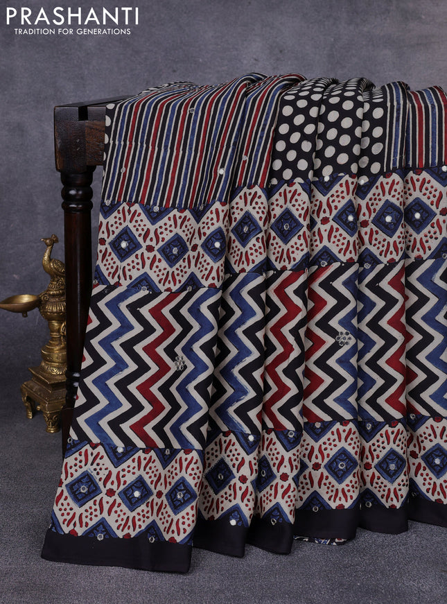 Modal silk saree beige blue and black with allover ajrakh prints & sequin work and mirror sequin work pallu