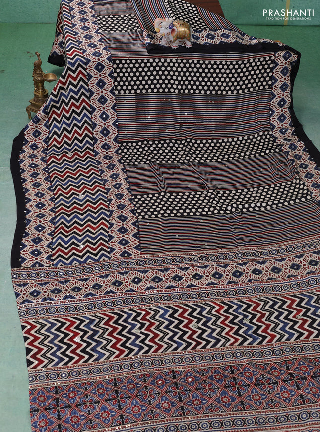 Modal silk saree beige blue and black with allover ajrakh prints & sequin work and mirror sequin work pallu