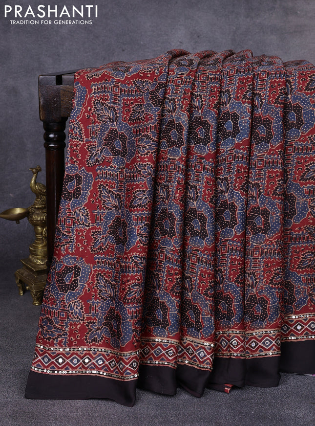 Modal silk saree maroon and black with allover ajrakh prints & sequin work and mirror sequin work pallu