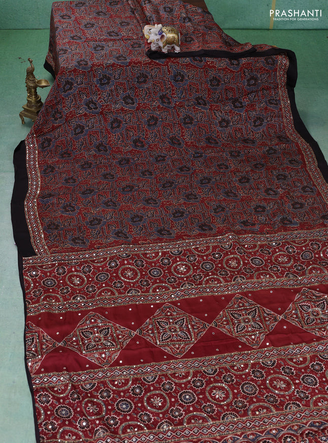 Modal silk saree maroon and black with allover ajrakh prints & sequin work and mirror sequin work pallu