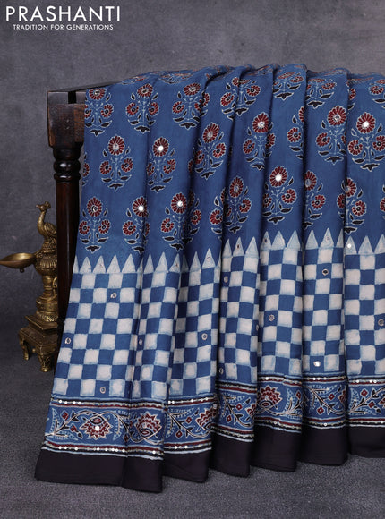 Modal silk saree indigo blue and black with allover ajrakh prints & sequin work and mirror sequin work pallu