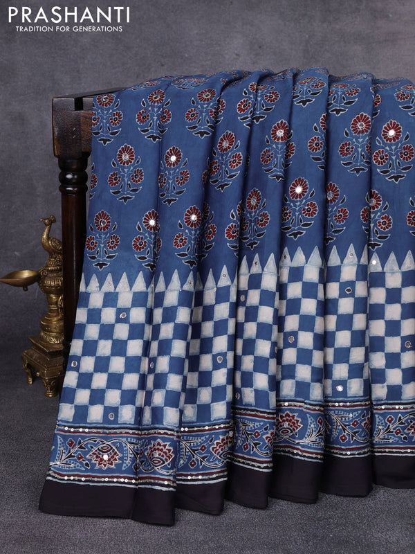Modal silk saree indigo blue and black with allover ajrakh prints & sequin work and mirror sequin work pallu