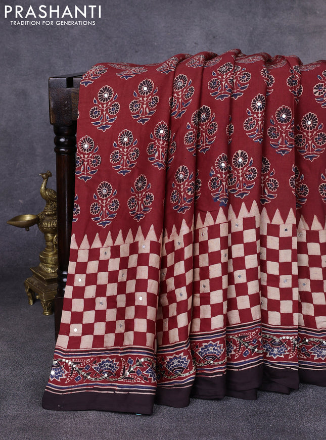 Modal silk saree maroon and coffee brown with allover ajrakh prints & sequin work and mirror sequin work pallu