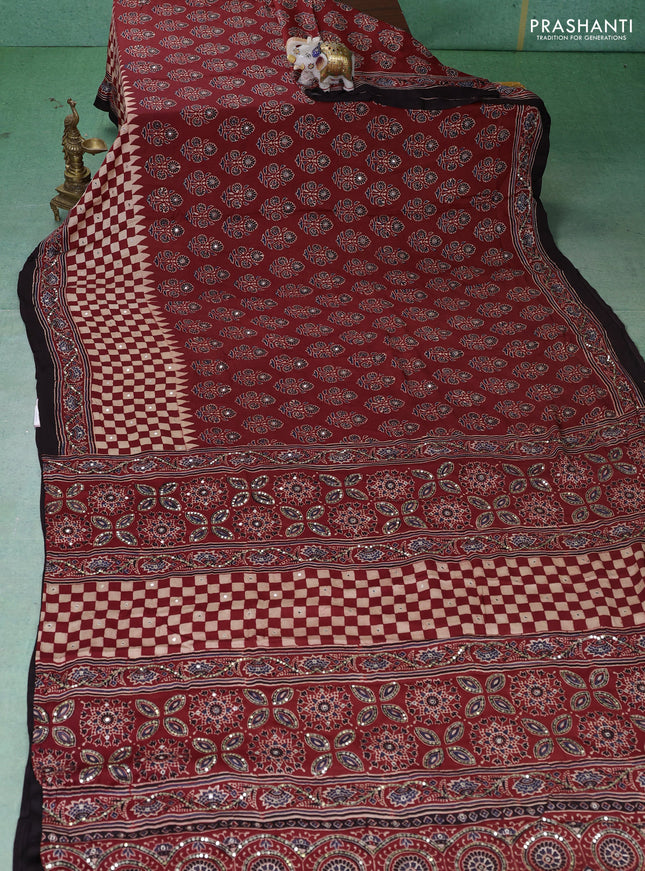 Modal silk saree maroon and coffee brown with allover ajrakh prints & sequin work and mirror sequin work pallu