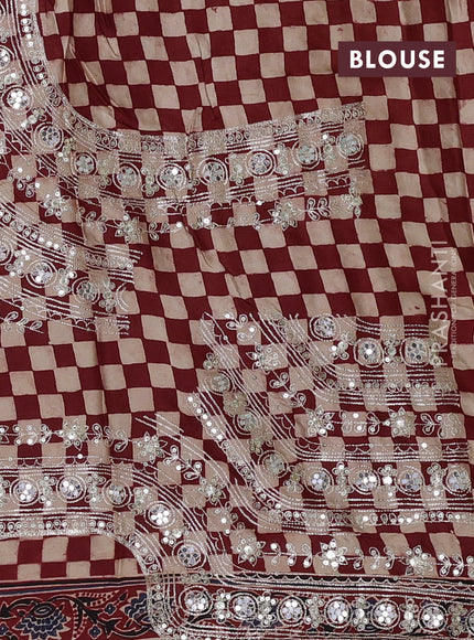 Modal silk saree maroon and coffee brown with allover ajrakh prints & sequin work and mirror sequin work pallu