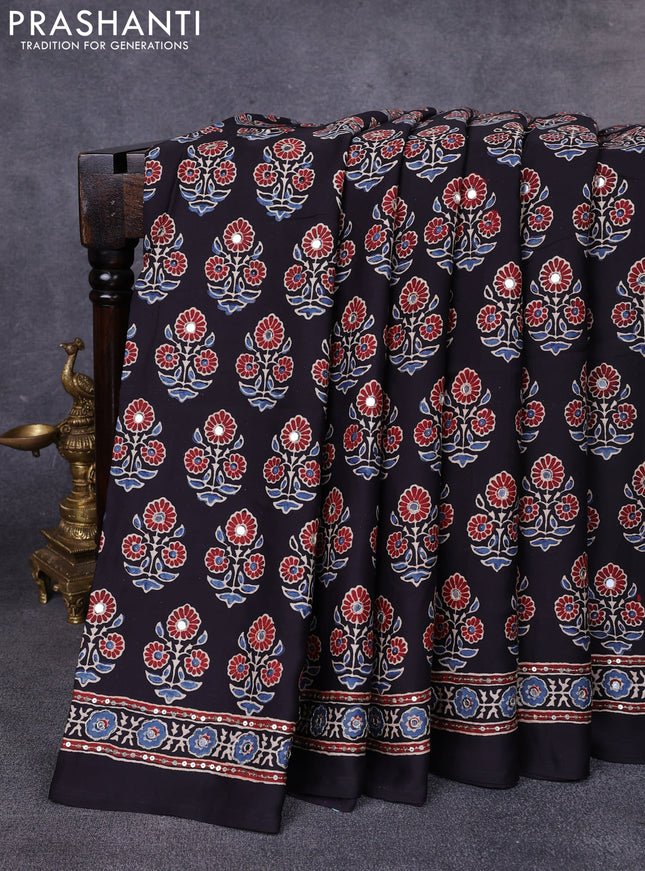Modal partly silk saree black with allover ajrakh prints & sequin work and mirror sequin work pallu