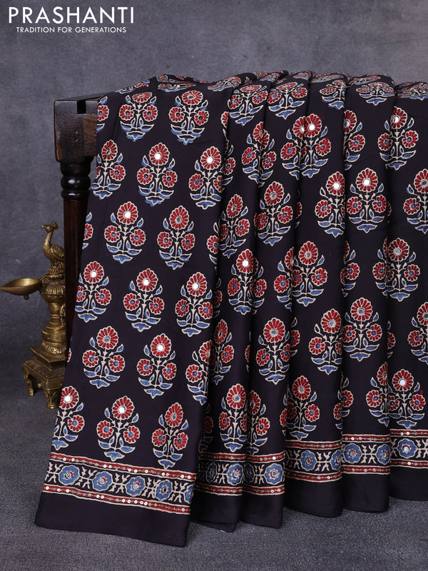 Modal partly silk saree black with allover ajrakh prints & sequin work and mirror sequin work pallu