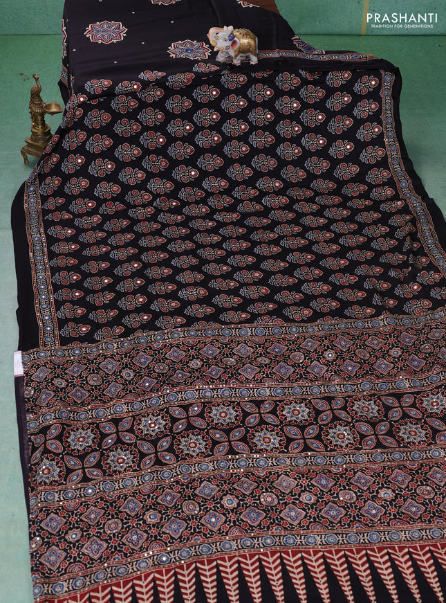 Modal partly silk saree black with allover ajrakh prints & sequin work and mirror sequin work pallu