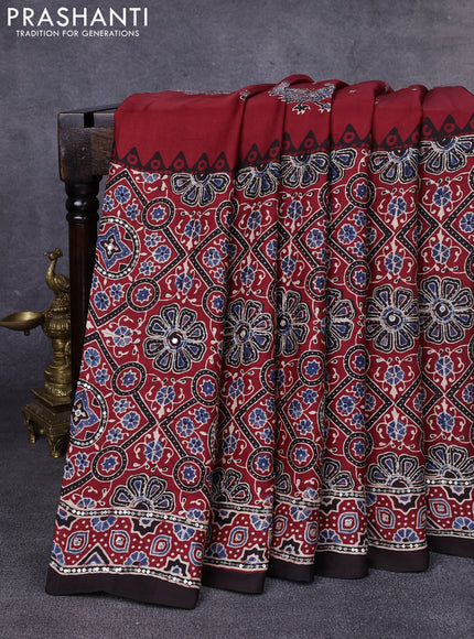 Modal silk saree maroon and coffee brown with allover ajrakh prints & sequin work and mirror sequin work pallu