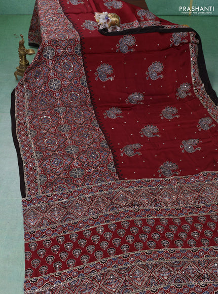 Modal silk saree maroon and coffee brown with allover ajrakh prints & sequin work and mirror sequin work pallu