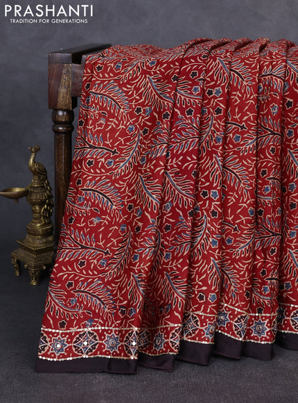 Modal silk saree maroon and coffee brown with allover ajrakh prints & sequin work and mirror sequin work pallu