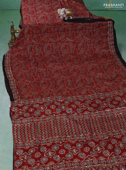 Modal silk saree maroon and coffee brown with allover ajrakh prints & sequin work and mirror sequin work pallu
