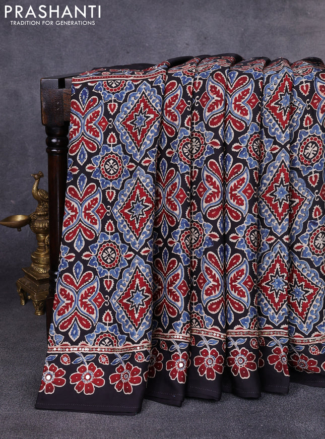 Modal silk saree black with allover ajrakh prints & sequin work and mirror sequin work pallu