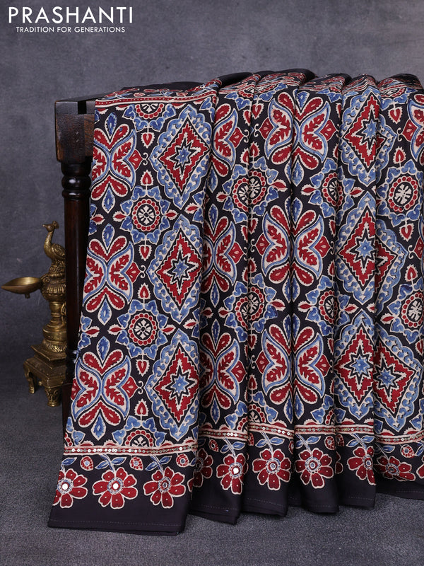 Modal silk saree black with allover ajrakh prints & sequin work and mirror sequin work pallu