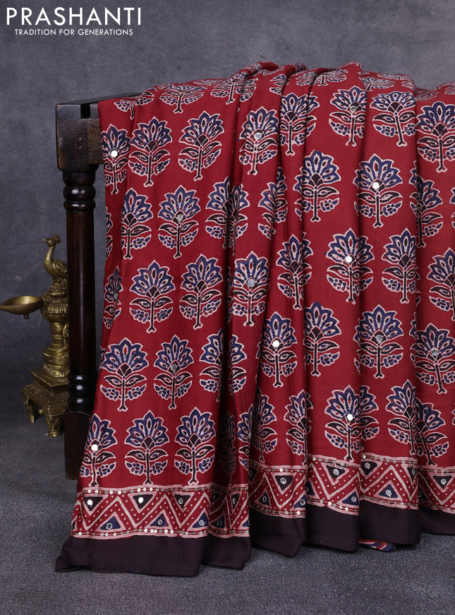 Modal silk saree maroon and coffee brown with allover ajrakh prints & sequin work and mirror sequin work pallu