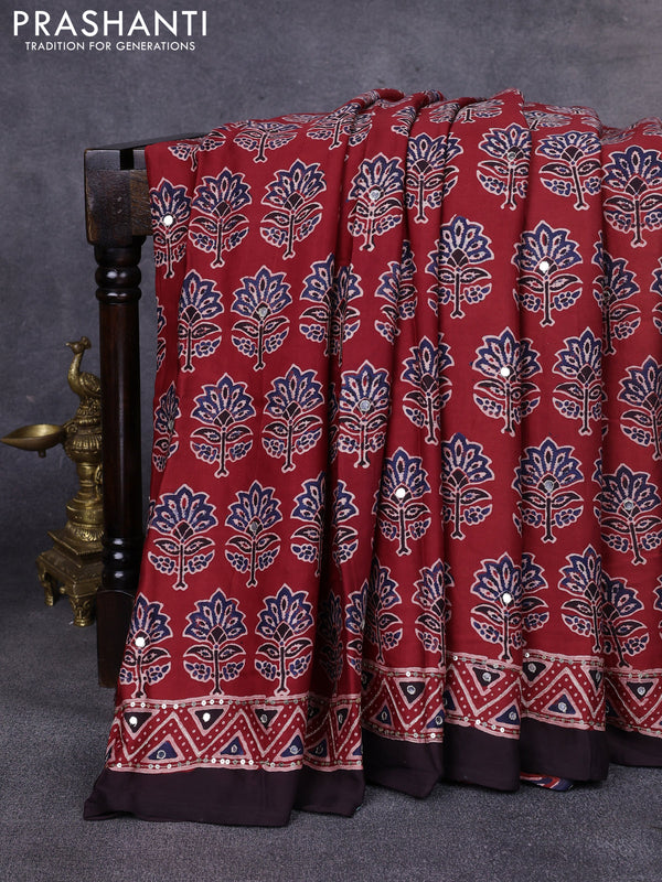Modal silk saree maroon and coffee brown with allover ajrakh prints & sequin work and mirror sequin work pallu