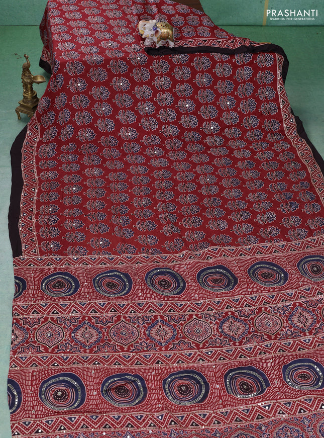 Modal silk saree maroon and coffee brown with allover ajrakh prints & sequin work and mirror sequin work pallu