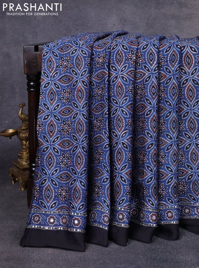 Modal silk saree indigo blue and black with allover ajrakh prints & sequin work and mirror sequin work pallu