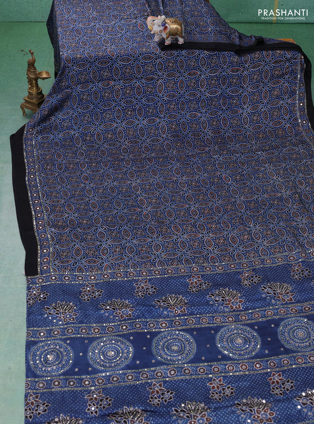 Modal silk saree indigo blue and black with allover ajrakh prints & sequin work and mirror sequin work pallu