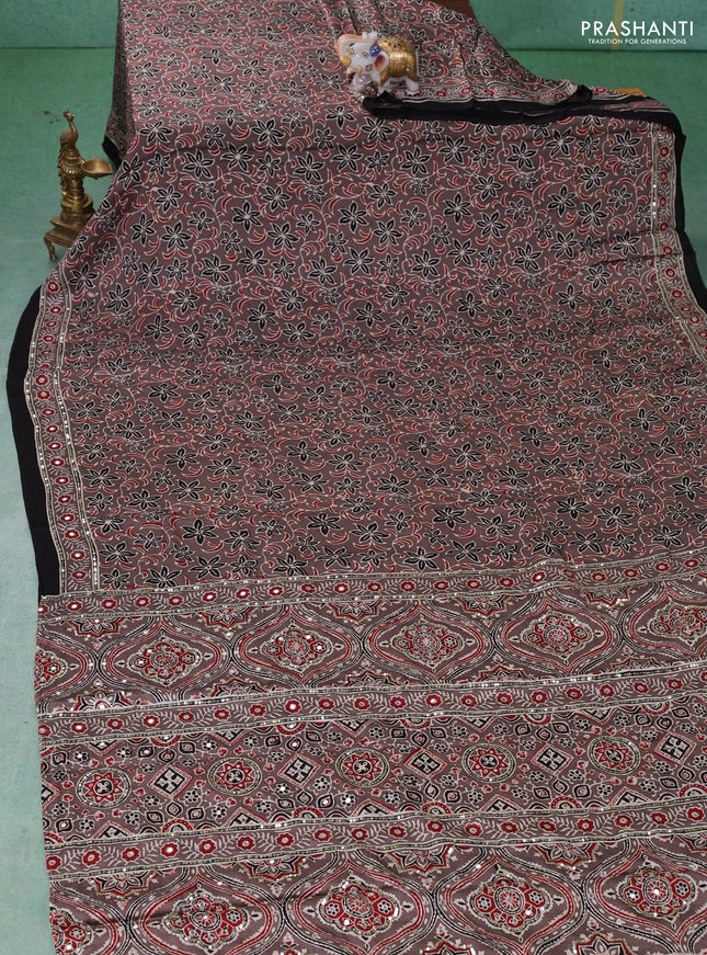 Modal silk saree dark beige and black with allover ajrakh prints & sequin work and mirror sequin work pallu