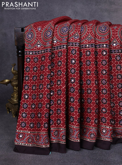Modal silk saree maroon and black with allover ajrakh prints & sequin work and mirror sequin work pallu