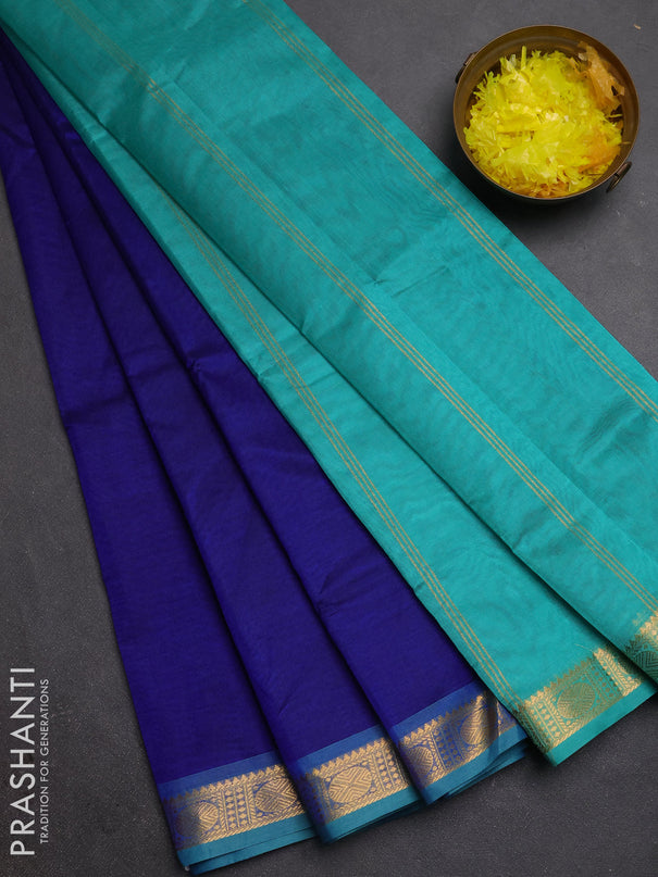 Silk cotton saree royal blue and teal green with plain body and rudraksha butta border