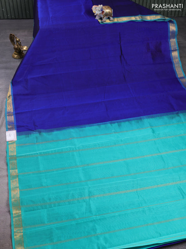 Silk cotton saree royal blue and teal green with plain body and rudraksha butta border