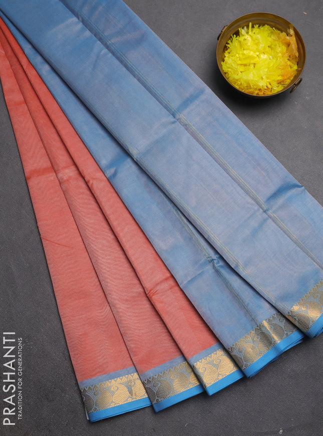 Silk cotton saree rust shade and grey with plain body and paisley zari woven border