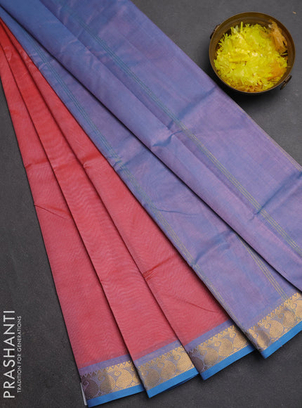 Silk cotton saree red and grey with plain body and paisley zari woven border