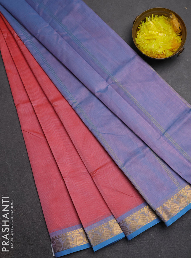 Silk cotton saree red and grey with plain body and paisley zari woven border