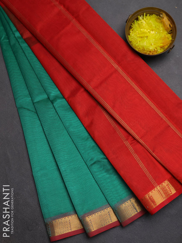 Silk cotton saree teal green and red with plain body and temple zari woven border