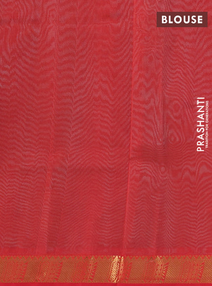 Silk cotton saree teal green and red with plain body and temple zari woven border