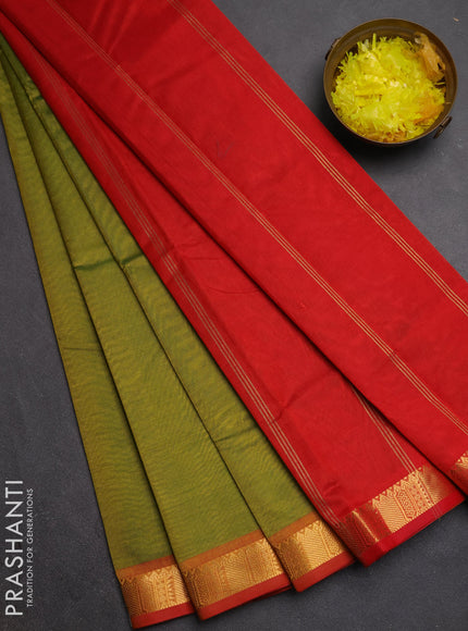 Silk cotton saree mehendi green and red with plain body and temple zari woven border