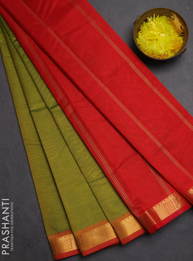 Silk cotton saree mehendi green and red with plain body and temple zari woven border