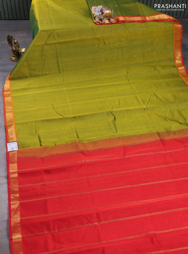 Silk cotton saree mehendi green and red with plain body and temple zari woven border