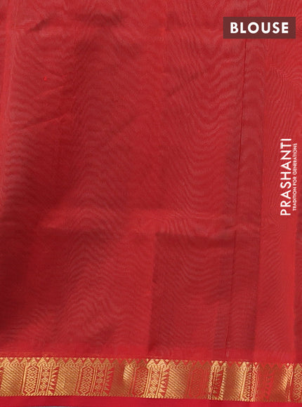 Silk cotton saree green and red with plain body and temple zari woven border