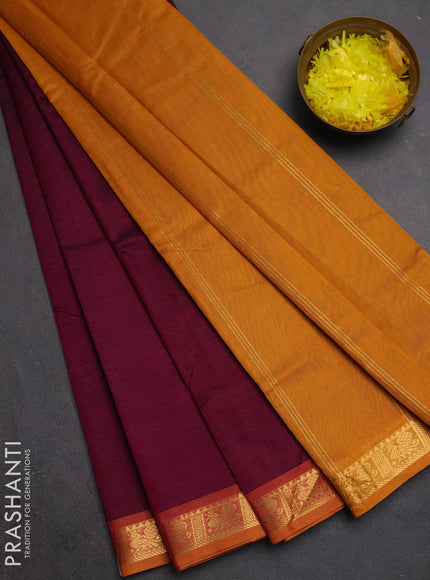 Silk cotton saree deep wine shade and dark mustard with plain body and annam zari woven border
