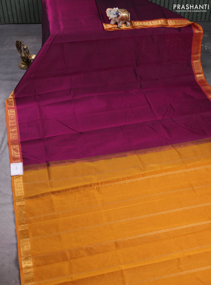 Silk cotton saree deep wine shade and dark mustard with plain body and annam zari woven border