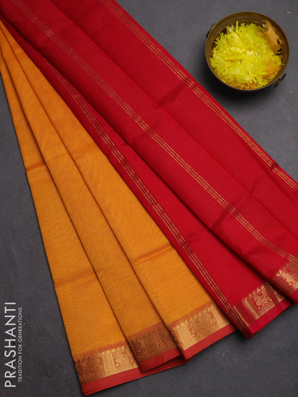 Silk cotton saree mango yellow and red with plain body and annam zari woven border