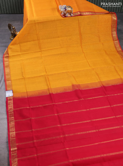 Silk cotton saree mango yellow and red with plain body and annam zari woven border