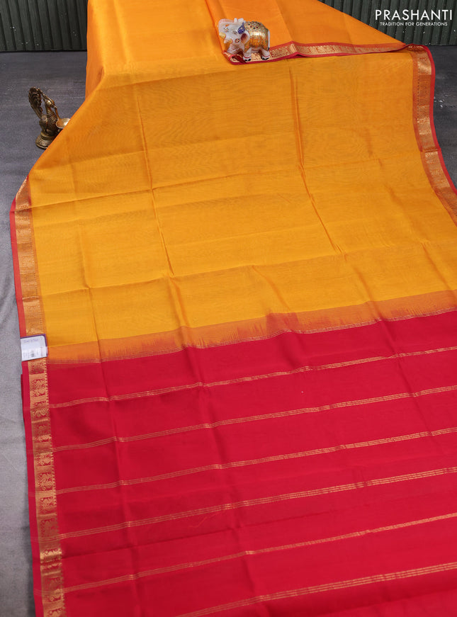 Silk cotton saree mango yellow and red with plain body and annam zari woven border