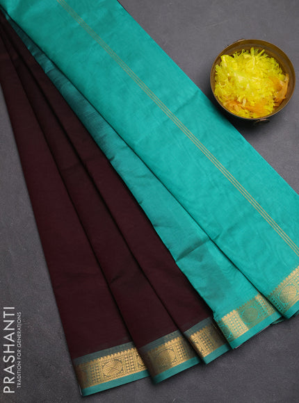 Silk cotton saree coffee brown and teal green with plain body and rudraksha zari woven border