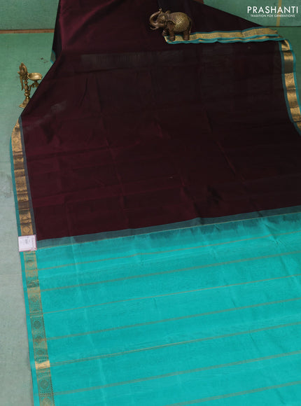 Silk cotton saree coffee brown and teal green with plain body and rudraksha zari woven border