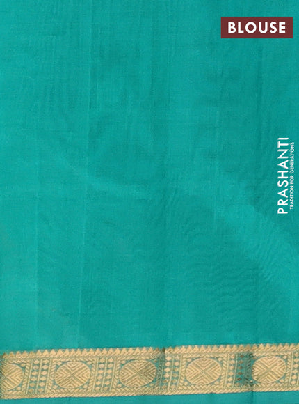Silk cotton saree coffee brown and teal green with plain body and rudraksha zari woven border