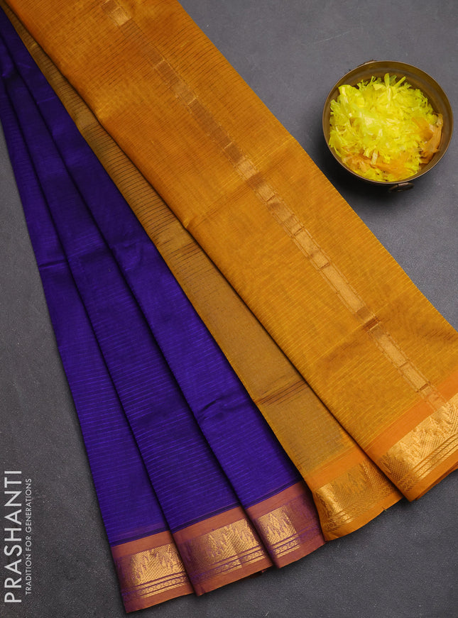 Silk cotton saree royal blue and mustard yellow with plain body and temple zari woven border